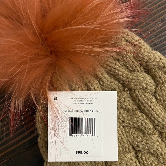 Echo New York Cable Knit Fur Pom Hat NWT OS - Picture 3 of 5